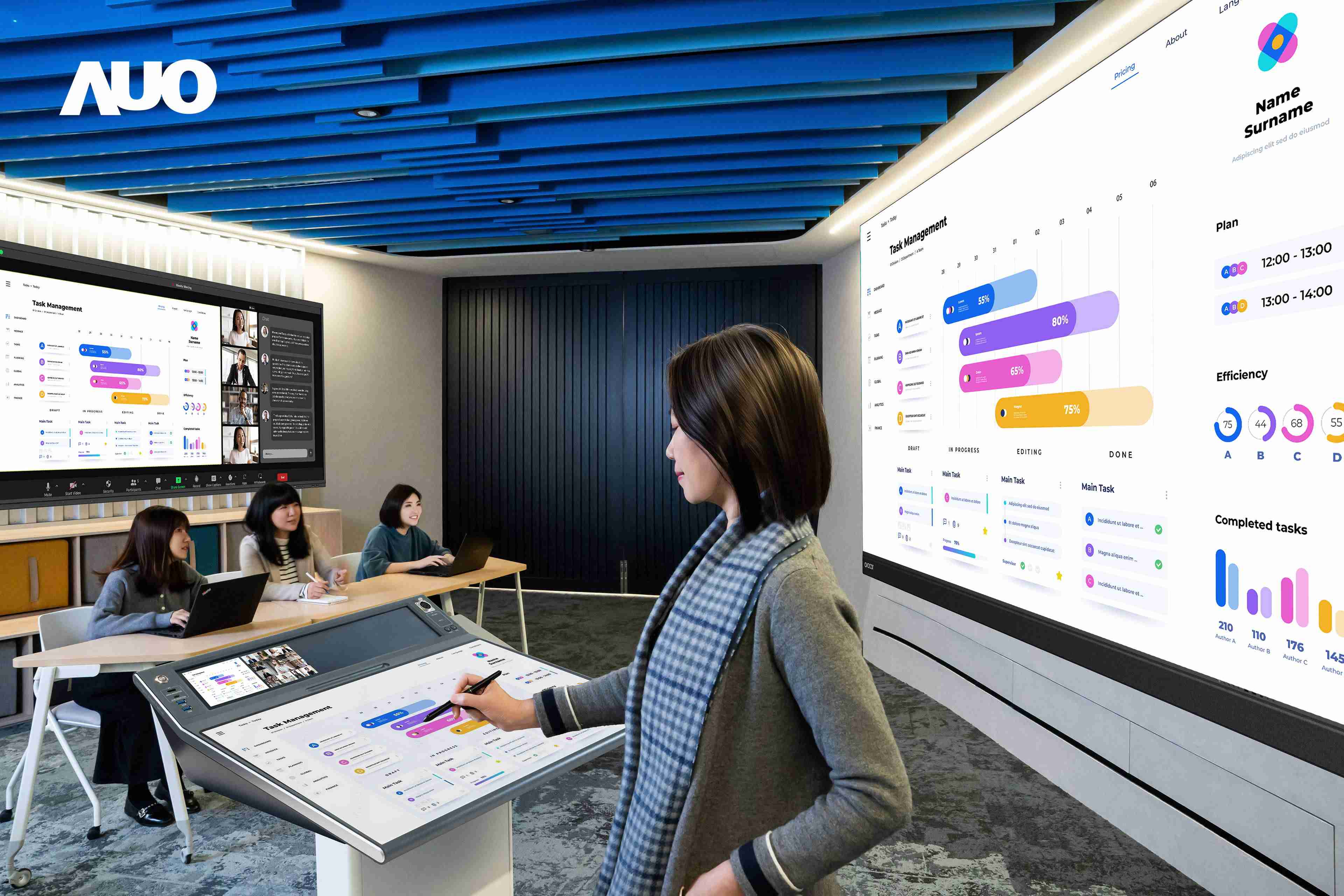 达擎携手Avocor与Rise Vision展示全方位商务领域应用，，包含采用模块化设计的138吋一体式All-in-One LED显示器及具21:9超宽比例的92吋交互式电子白板（IFPD），，，讲者可轻松分享内容，，，，有效提升会议协作效率。。。。